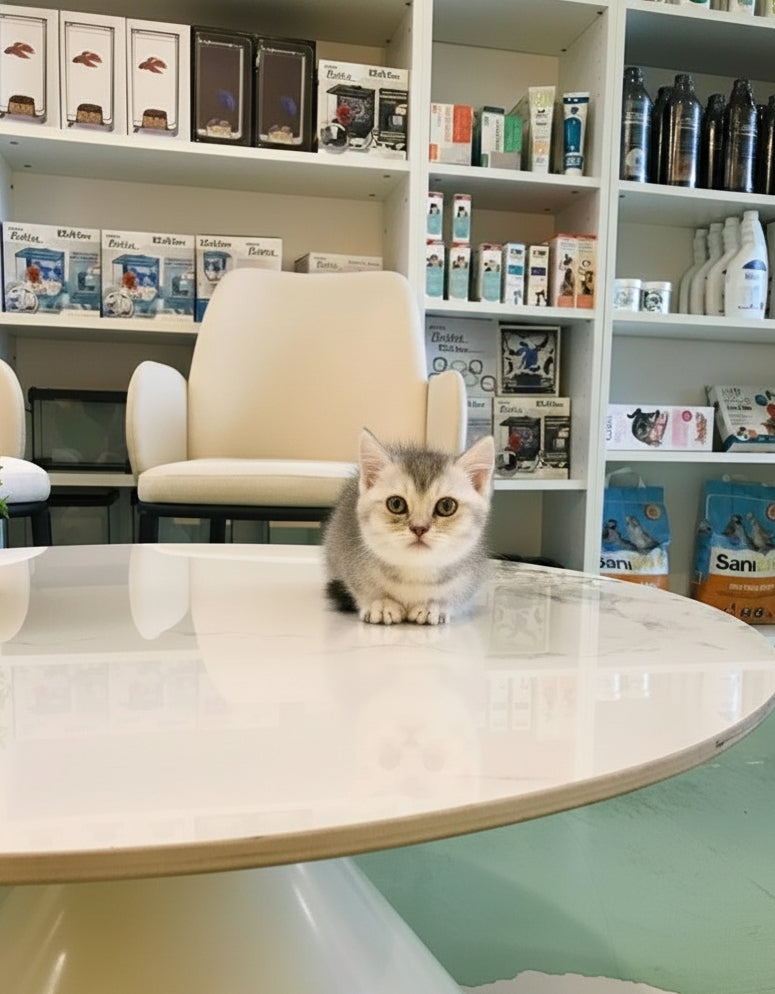 Cat sitting on a white table in a store with shelves stocked with products.